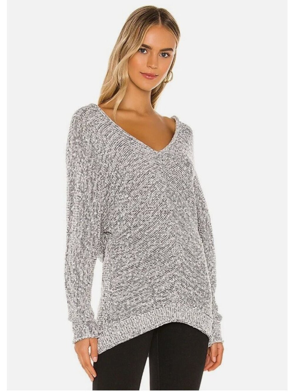 Free People Bright Lights Dolman V-Neck Sweater Gray Marled Chunky Knit Size M